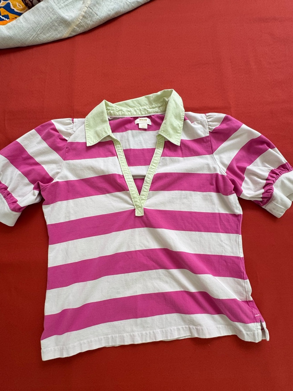 Anthropologie Maeve Pink and White Striped Polo with Lime Trim